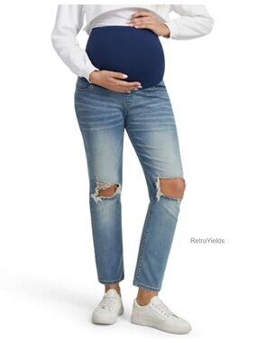 Ripped Maternity Jeans Full Belly Panel Straight Leg Stretch Denim